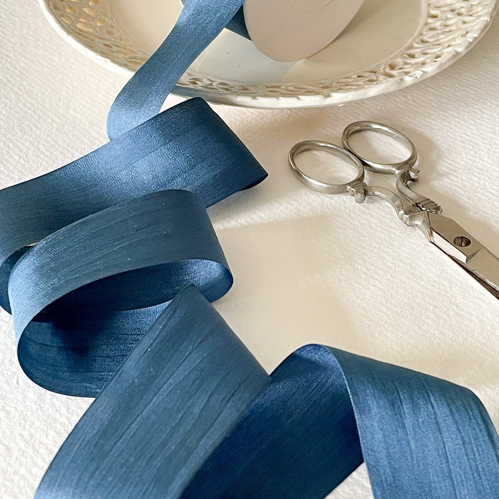 Navy silk closed edge ribbon.  Luxury fine silk ribbon sold by the meter.  By The Natural Paper Company