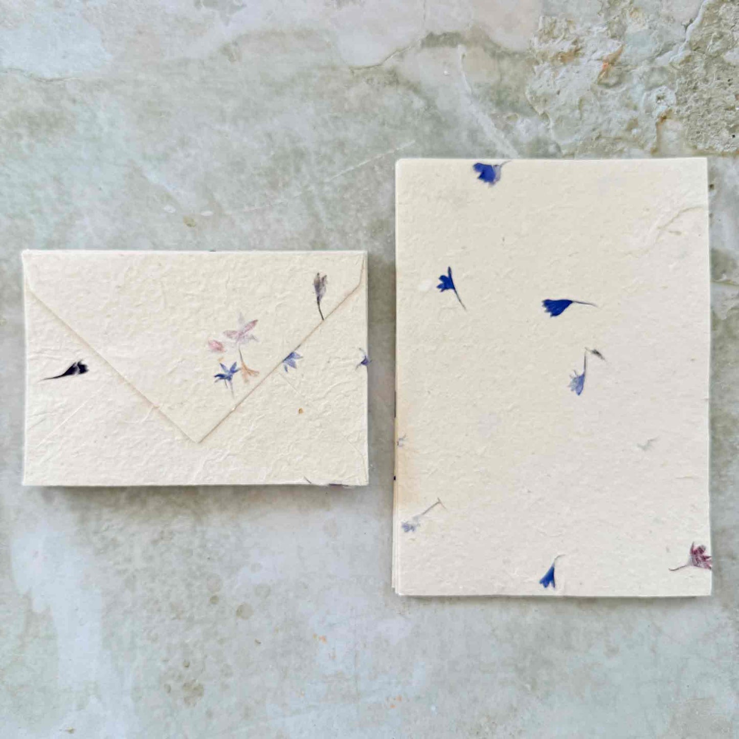 handmade lokta paper and envelope set with cornflower petals