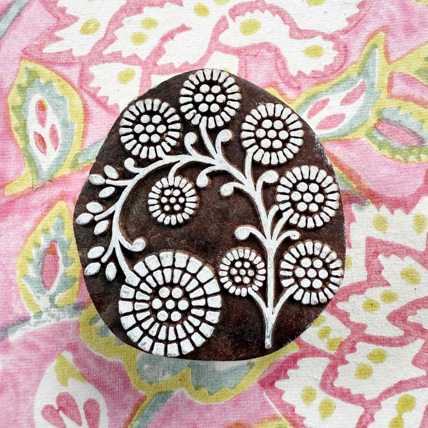 wood block stamp with retro flowers.  Perfect for printmaking