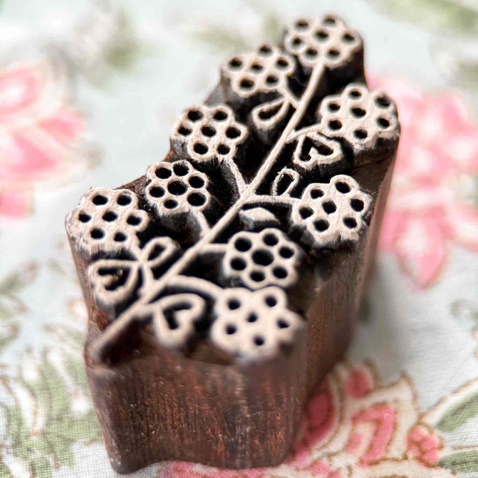 Padma Indian wood block stamp with hand-carved floral branch and clustered flower design