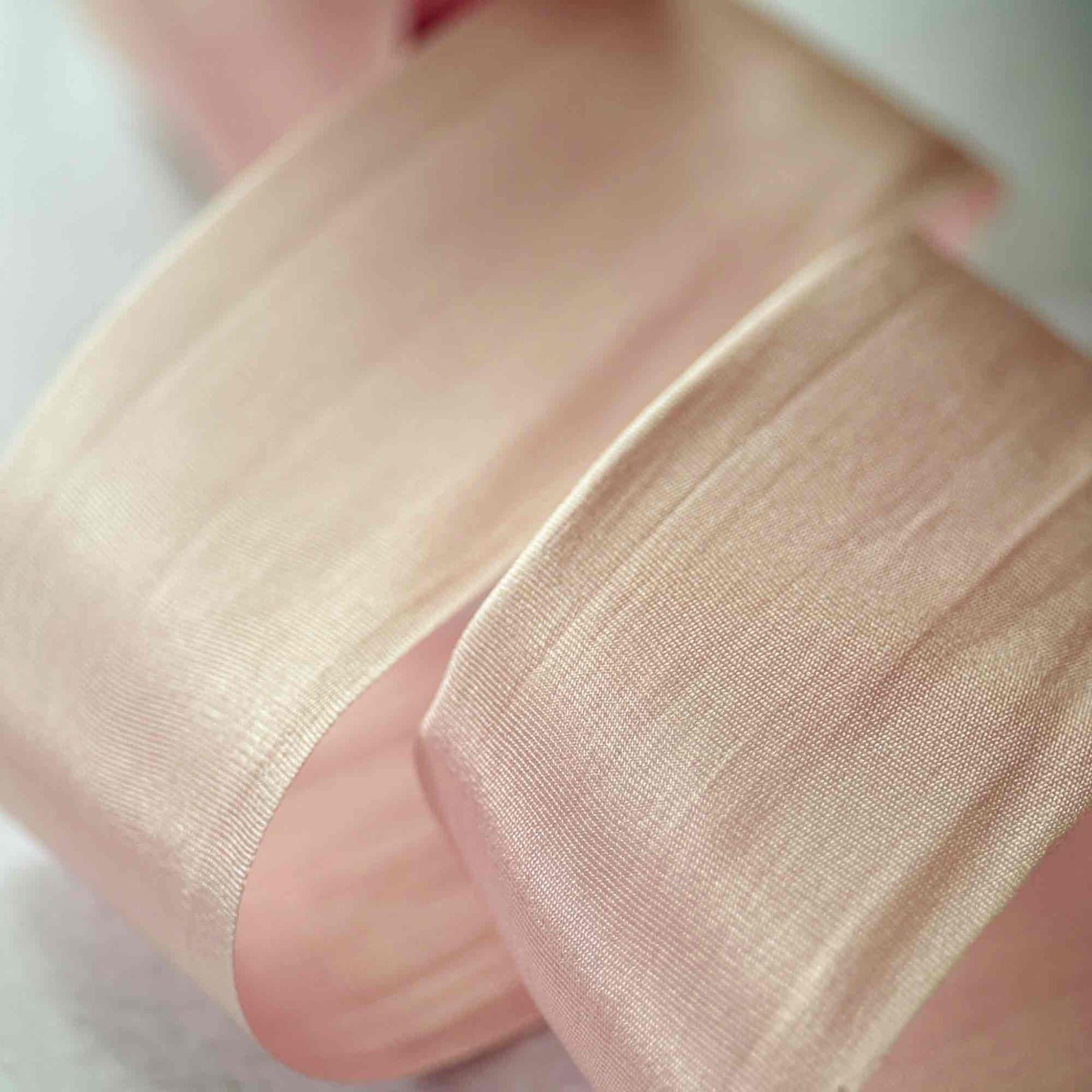 Close-up of a hand wearing sheer beige fabric over a white background