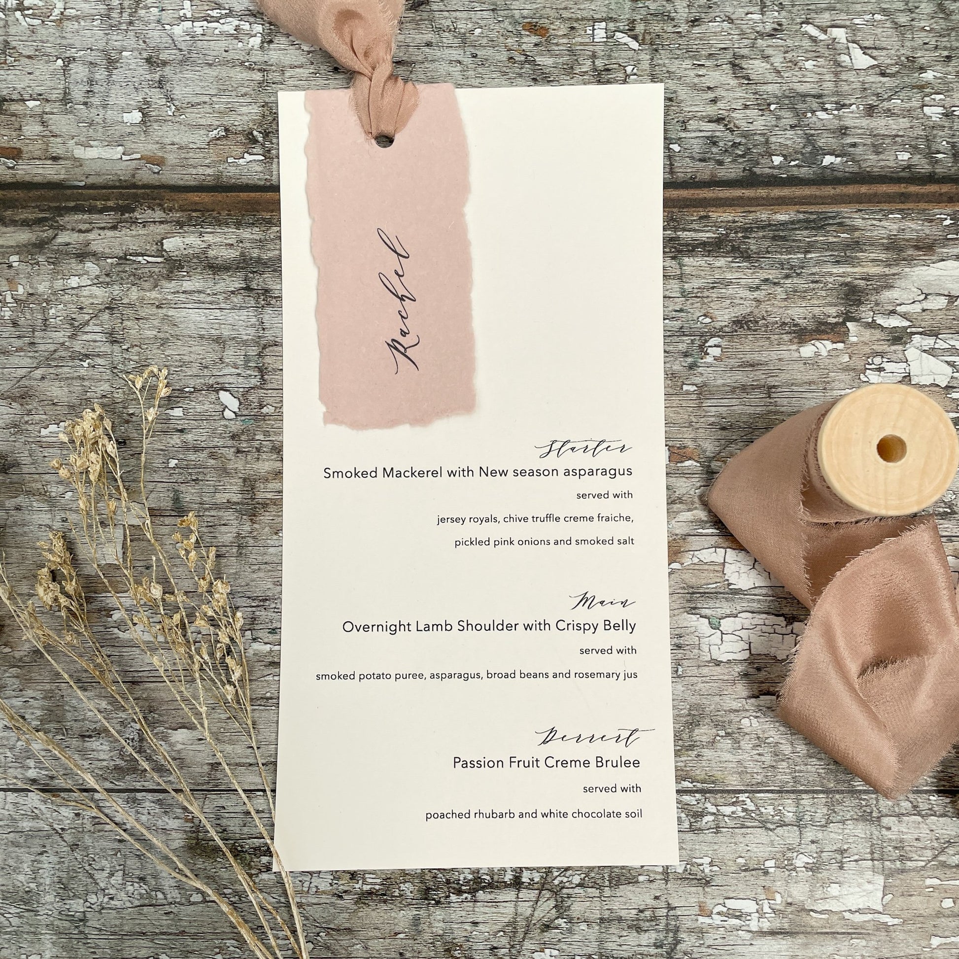 Eco friendly wedding invitation card with attached placecard.  Easy to make personalised menu card using handmade paper.  By The Natural Paper Company