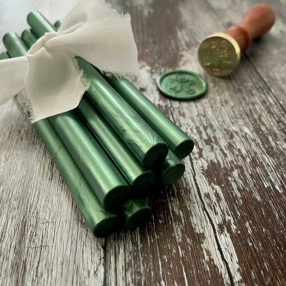 Pine Green sealing wax sticks made from eco friendly wax.  Metallic green wax seal wax.  Plastic free, Paraffin free and biodegradable wax to use with your choice of wax stamp.  By The Natural Paper Company