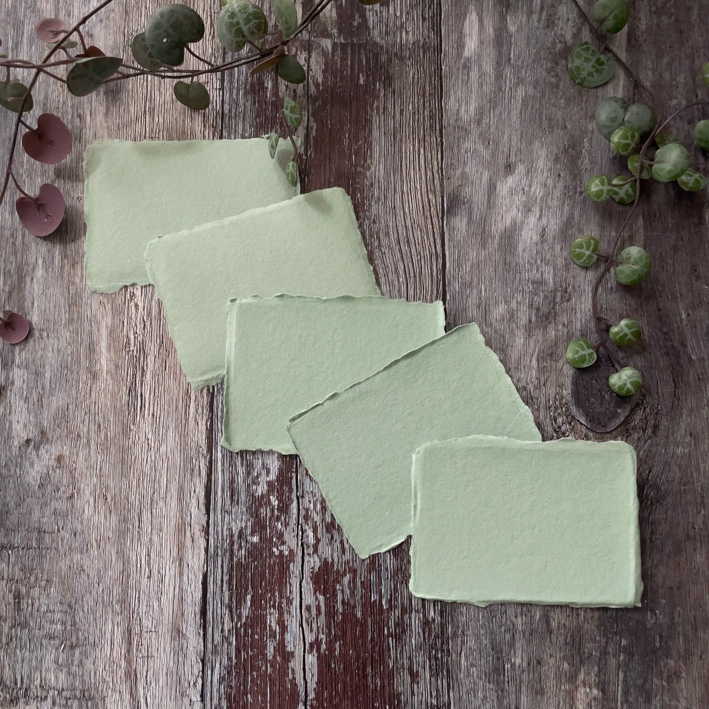 Place card panels made from handmade card with a deckled edge.  Dusky green recycled cotton rag paper.  Perfect for calligraphy, watercolour painting and more.  By The Natural Paper Company