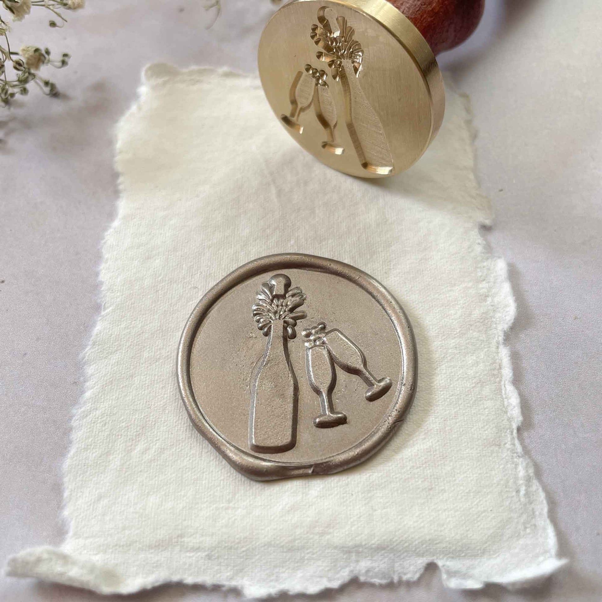 Champagne and Glasses Wax Seal Stamp for Celebrations and Invitations.  Pop The Cork sealing wax stamp.  By The Natural Paper Company