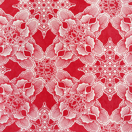 red and white floral pattern gift wrap made from Lokta paper