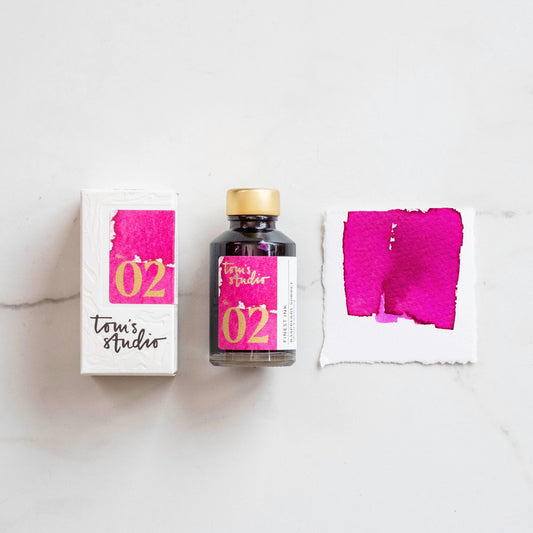 raspberry sortbet fountain pen ink by Tom's Studio.  A hot pink water based ink for writing, drawing, illustrating and calligraphy