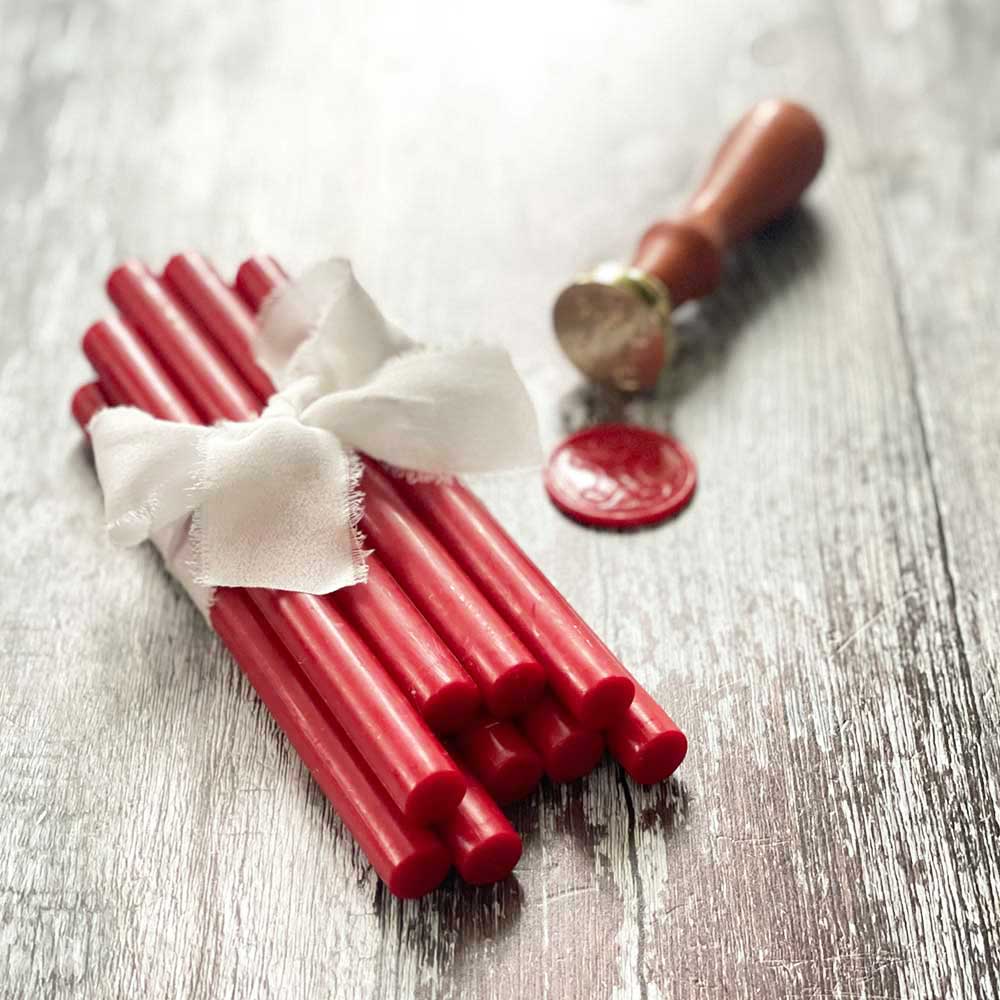 Berry red wax seal sticks.  11mm eco friendly sealing wax sticks in bright red.  Plastic free, paraffin free and biodegradable.  By The Natural Paper Company