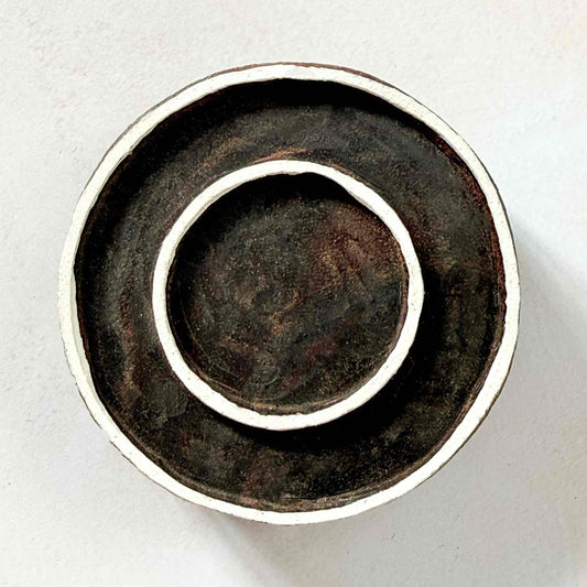 Indian wood block stamp — Rings double circle face-on view on soft pale background, clean inner and outer ring design, hand-carved wooden stamp, classic traditional printing block minimal motif
