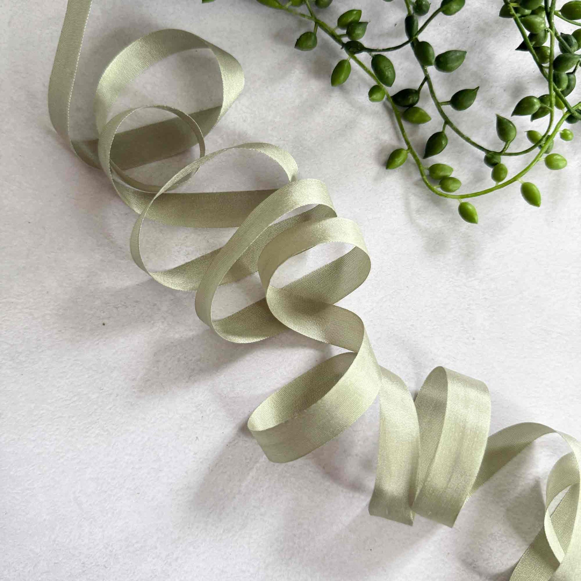 dusky sage green narrow silk ribbon