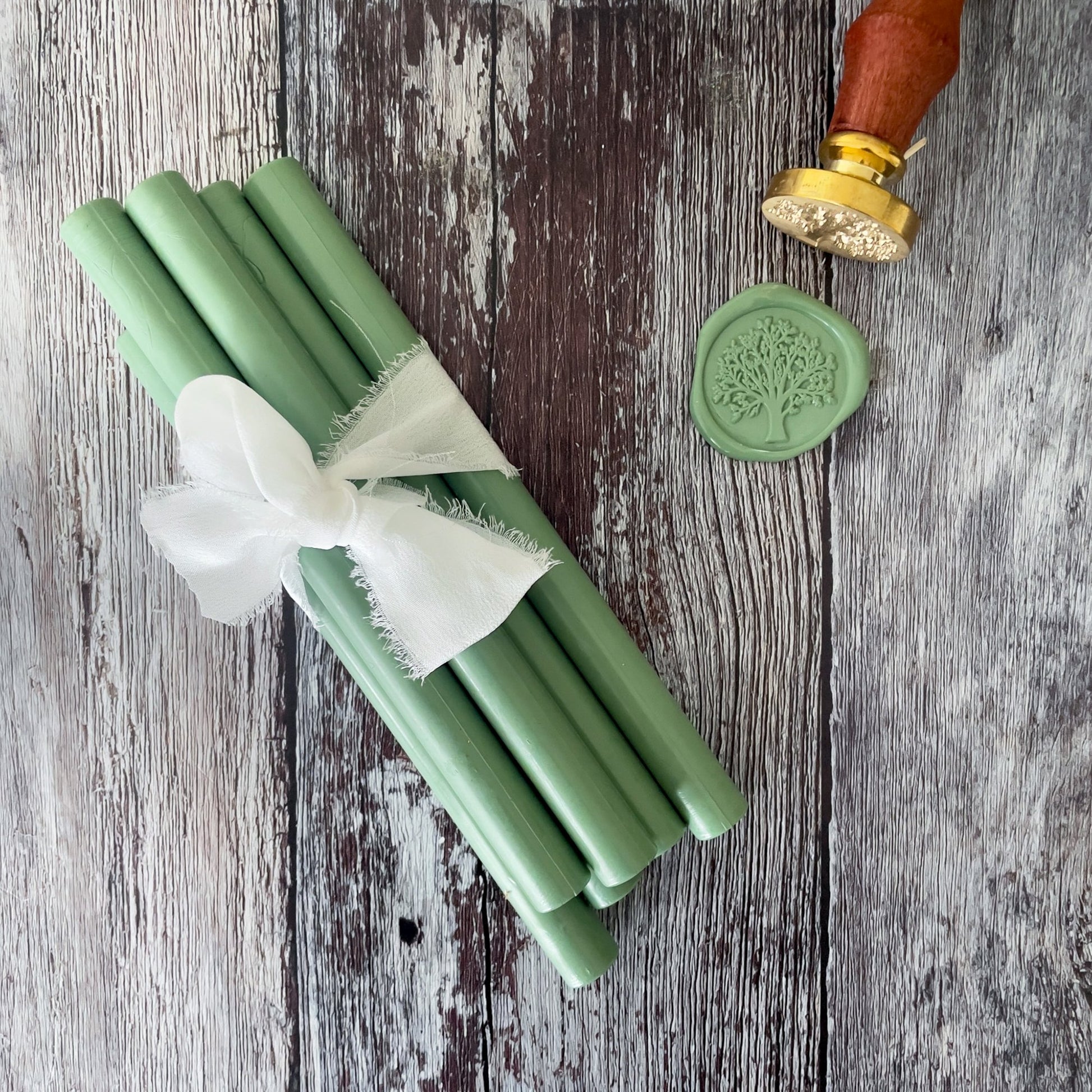 11mm sealing wax sticks in Sage Green.  Eco friendly wax to make wax seals.   By The Natural Paper Company