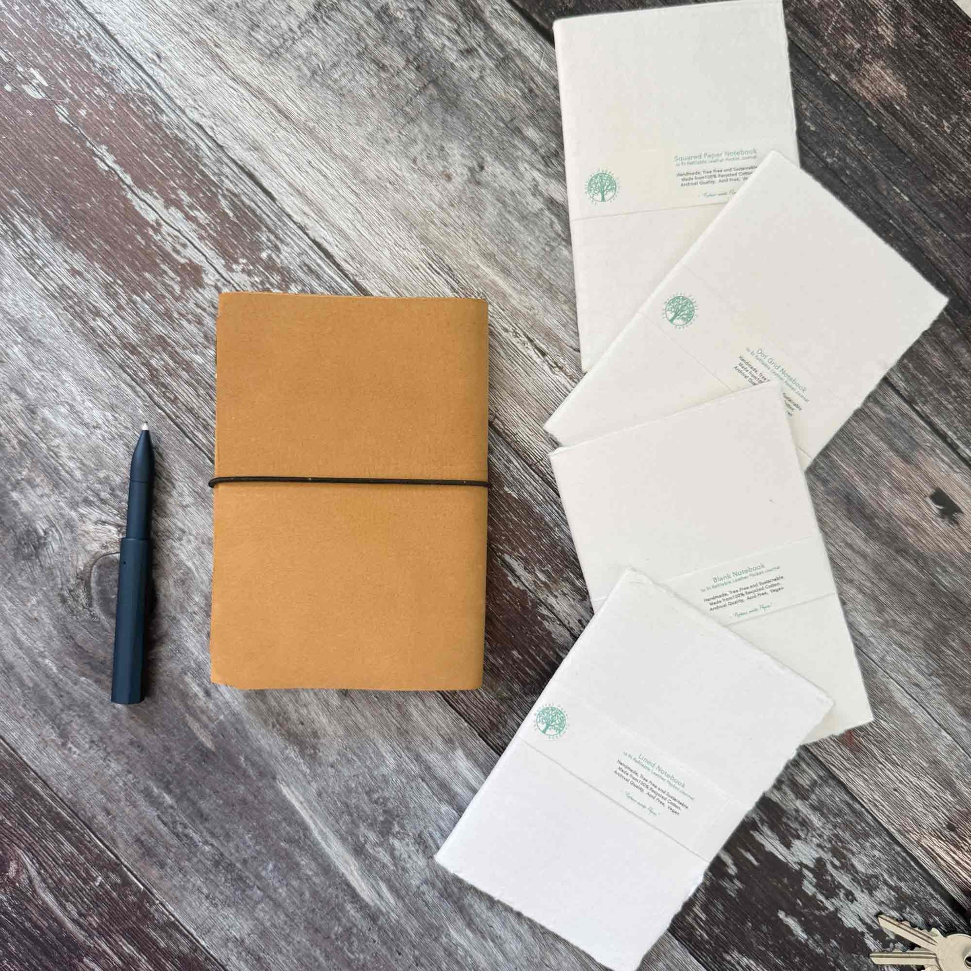 Refillable sand leather journal — extra inserts in blank, lined, square grid and dot grid