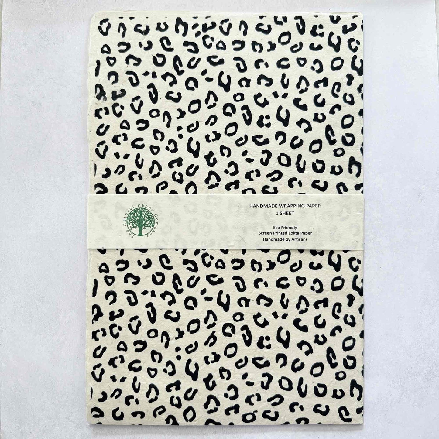 Full sheet of handmade leopard print Lokta wrapping paper – eco-friendly, hand screen-printed artisan gift wrap