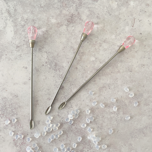sealing wax stirrer.  Small stainless steel stirrers with pink crystal head.  Perfect for mixing wax evenly