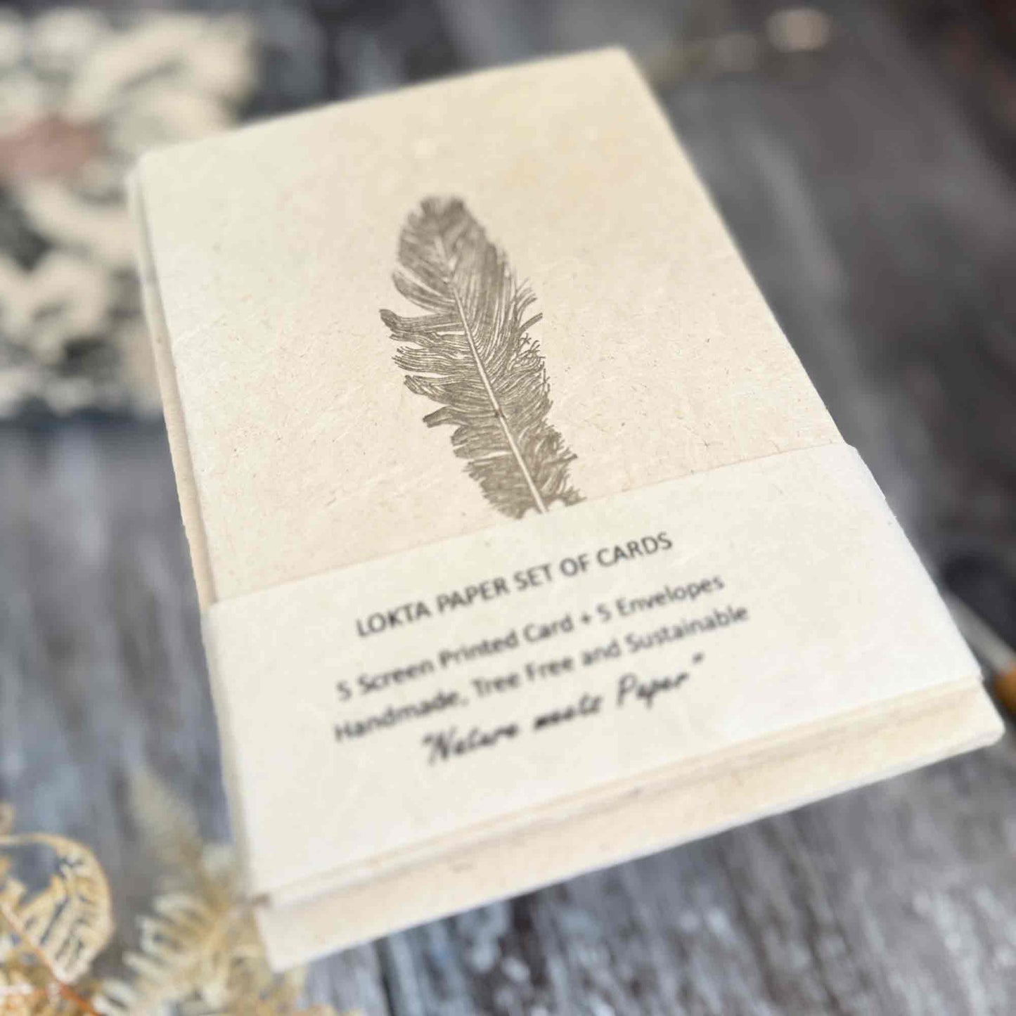 Sustainable Lokta paper card set Plume feather art, handmade screen printed, 5 cards + envelopes