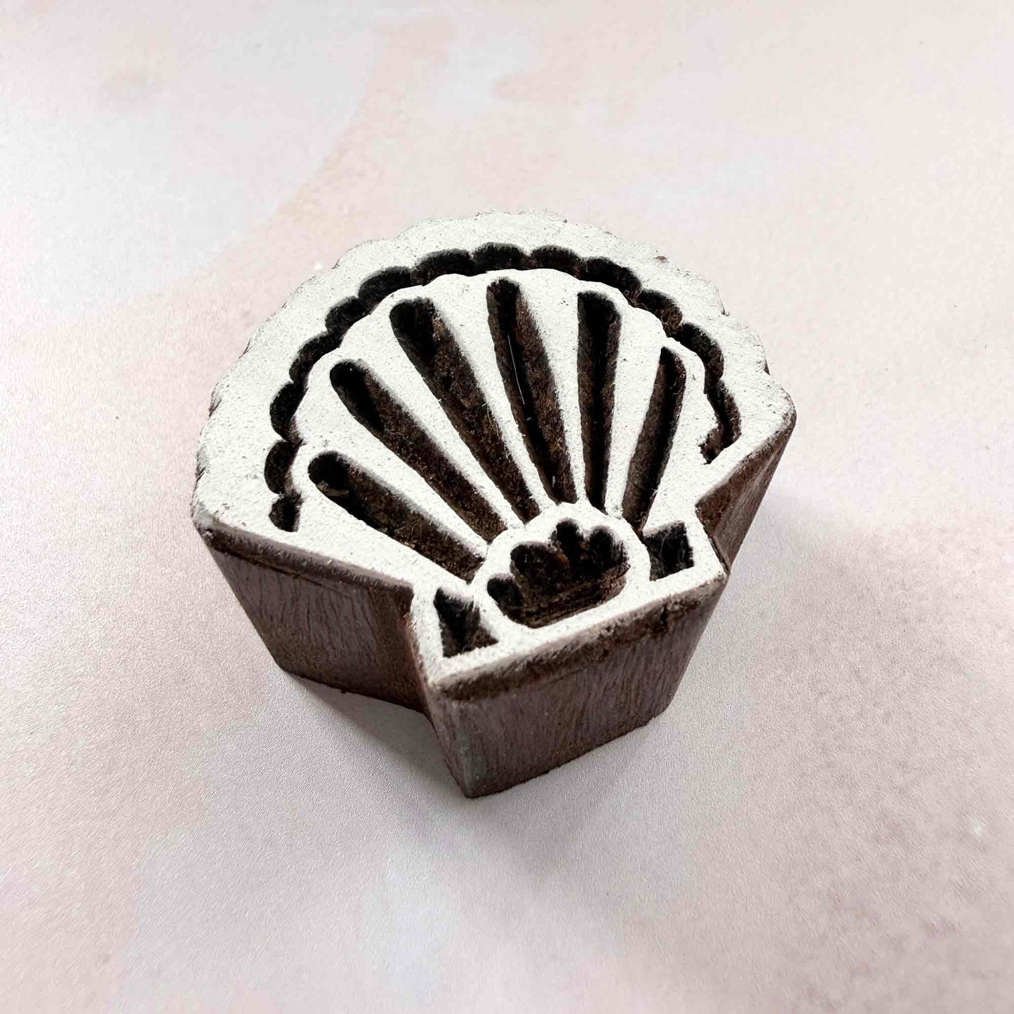Indian wood block stamp — Shell scallop seashell viewed from angle, showing carved depth and smooth ribbed texture, handcrafted wooden stamp, premium traditional printing block hardwood