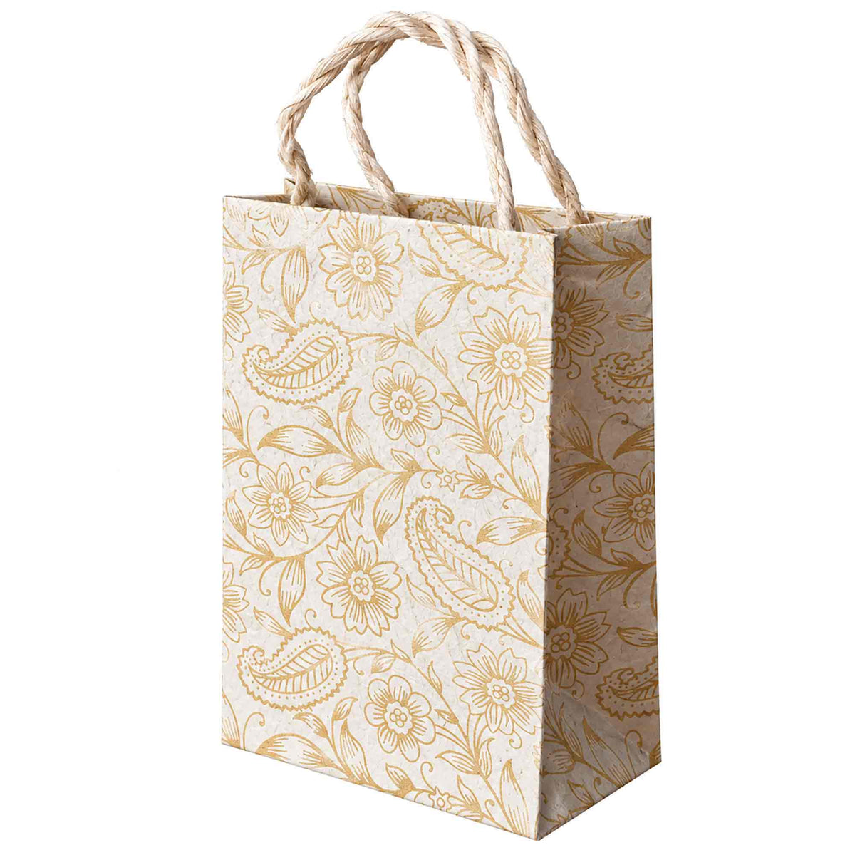 Auralia small handmade Lokta paper gift bag with gold floral paisley print and natural rope handles.