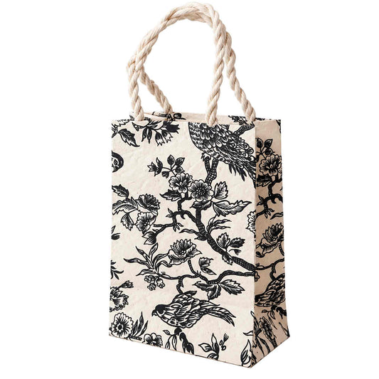 Small Bird Garden Lokta paper gift bag with black botanical bird and flower print and natural twisted rope handles
