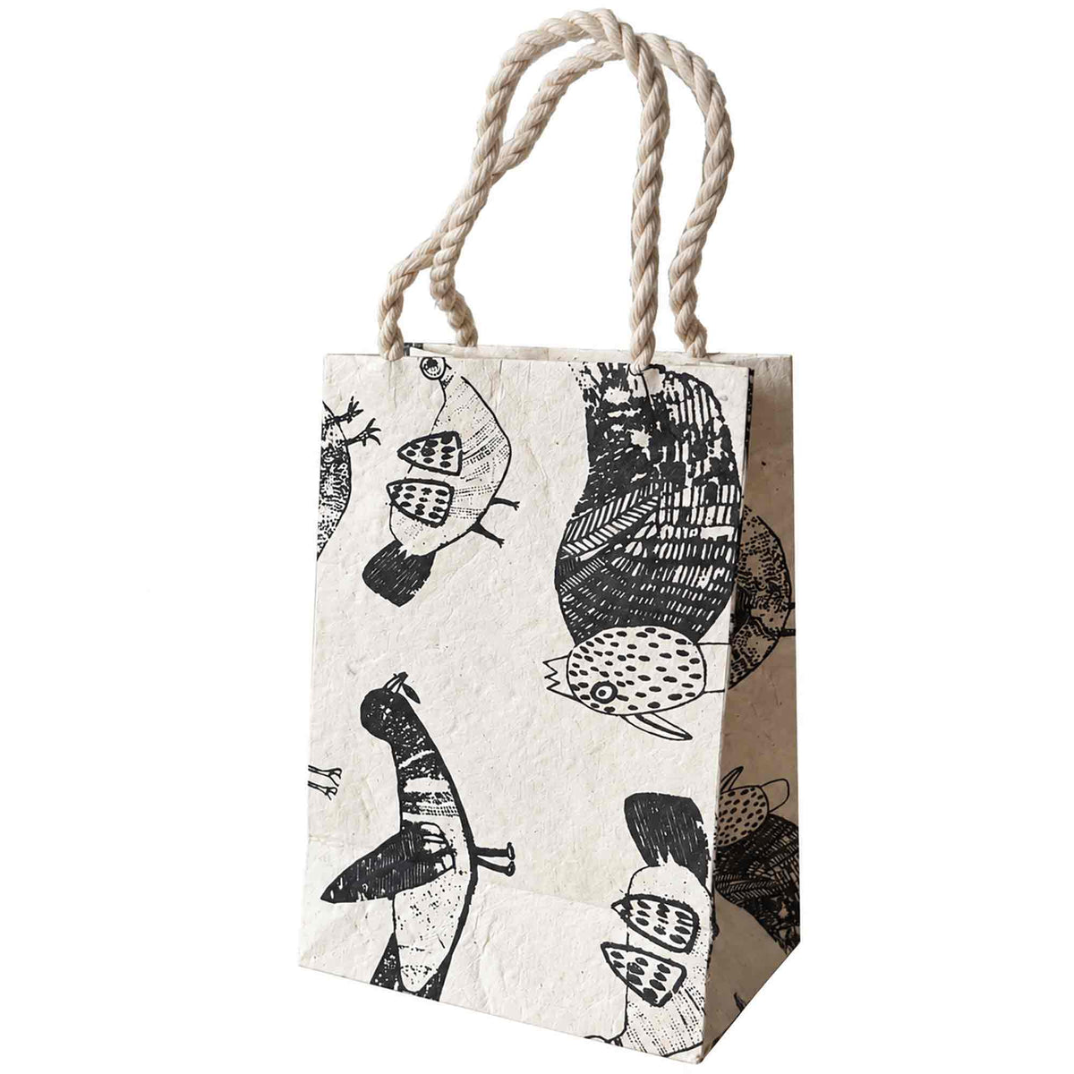 Small Henrietta handmade Lokta paper gift bag with black and white illustrated hens and twisted rope handles.
