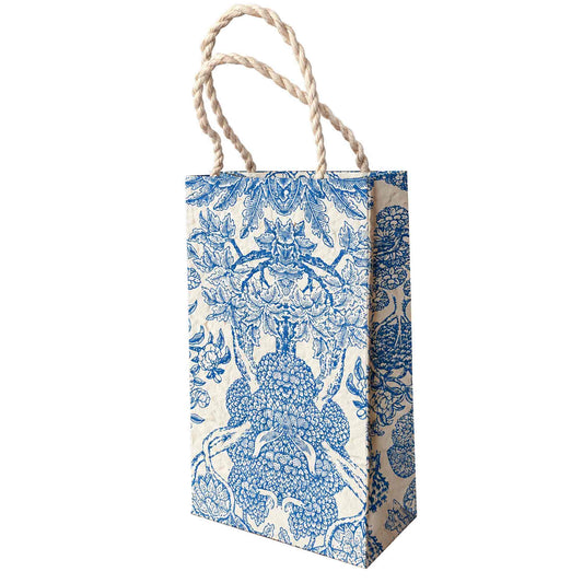Small Niwa handmade Lokta paper gift bag with intricate blue Japanese-inspired floral design and natural rope handles.
Recommended Shopify Product Title: Niw