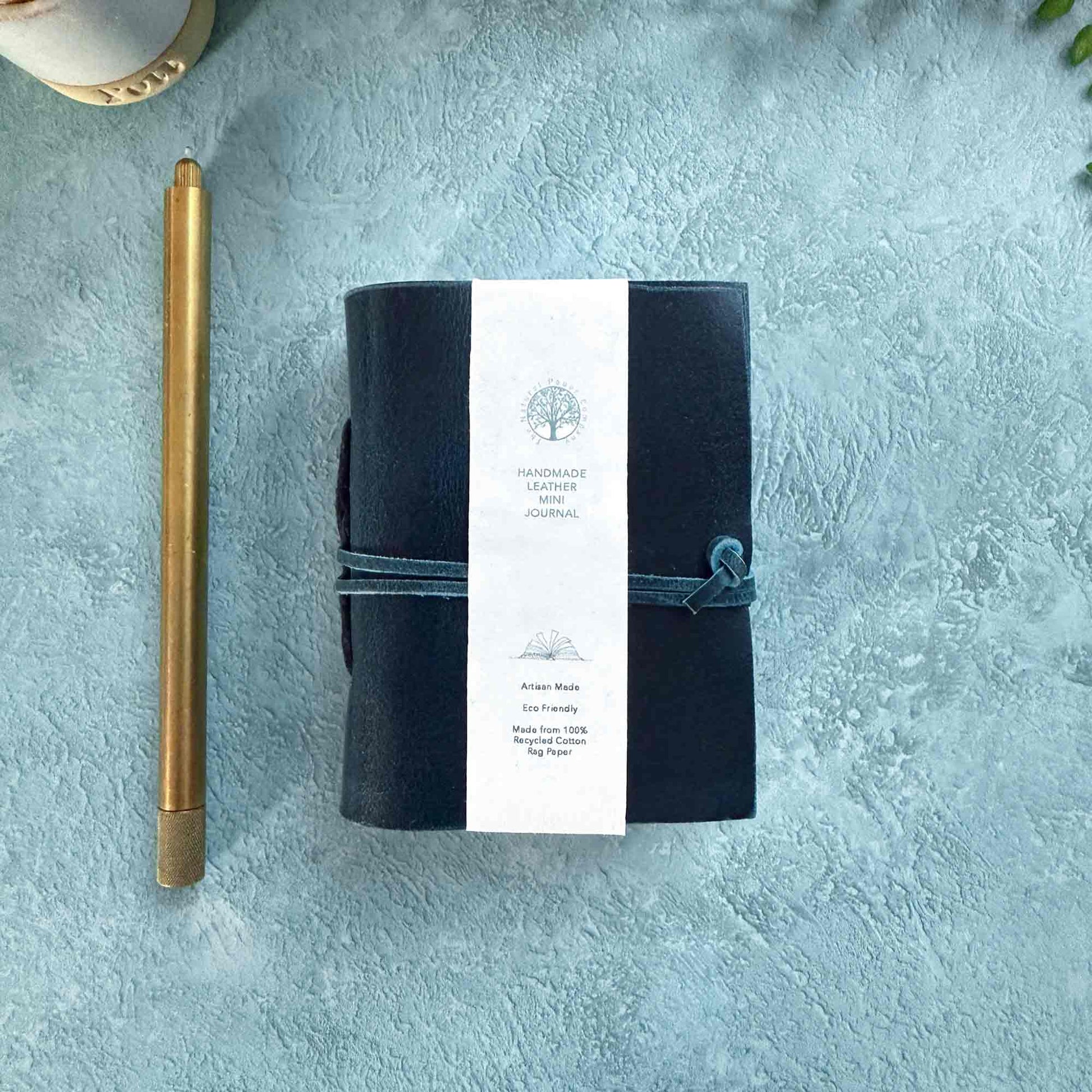 little handmade leather journal in navy