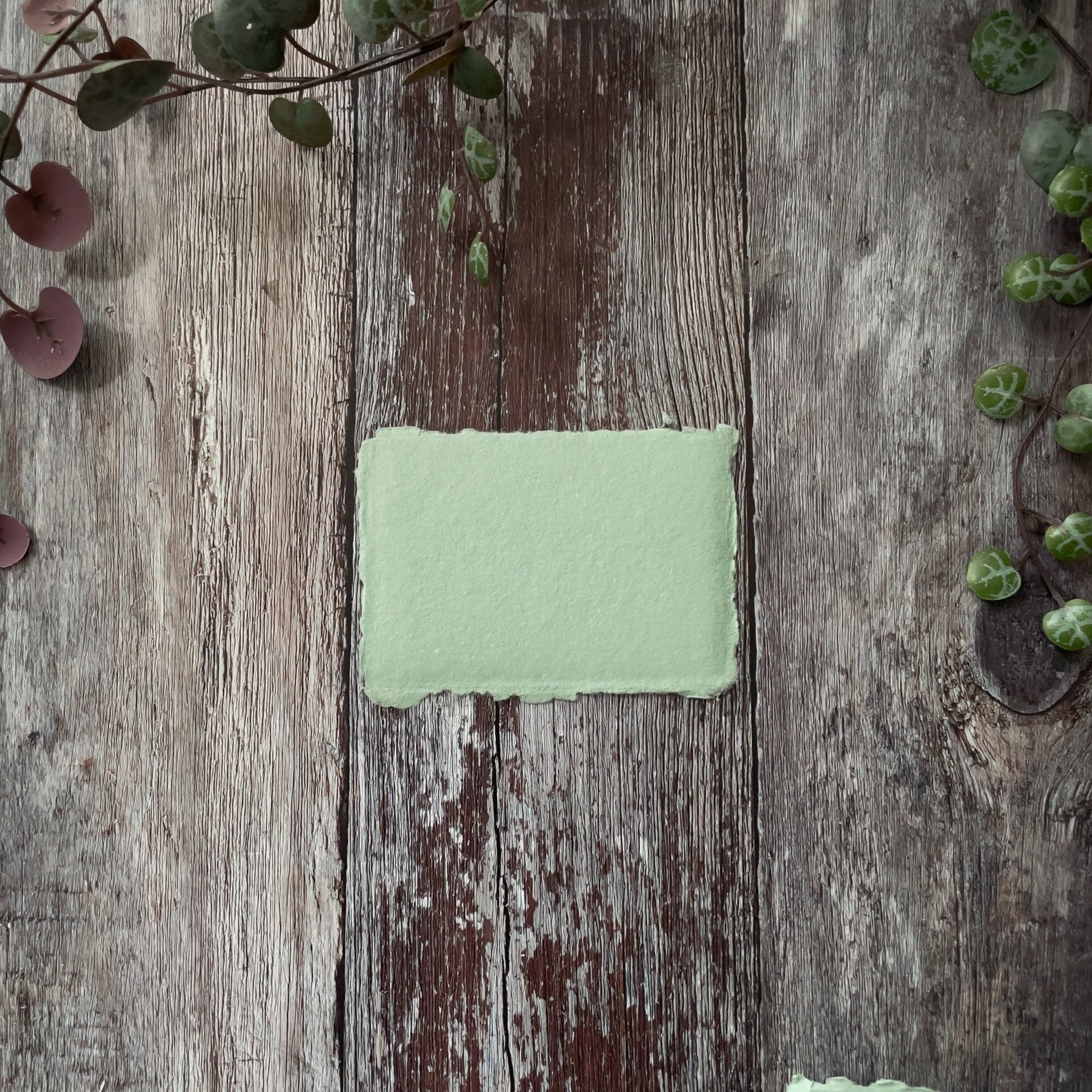 Dusky Green handmade paper with a deckled edge.  Small place card size panels of card made from recycled cotton rag paper.  Acid free and suitable for watercolour painting.  By The Natural Paper Company