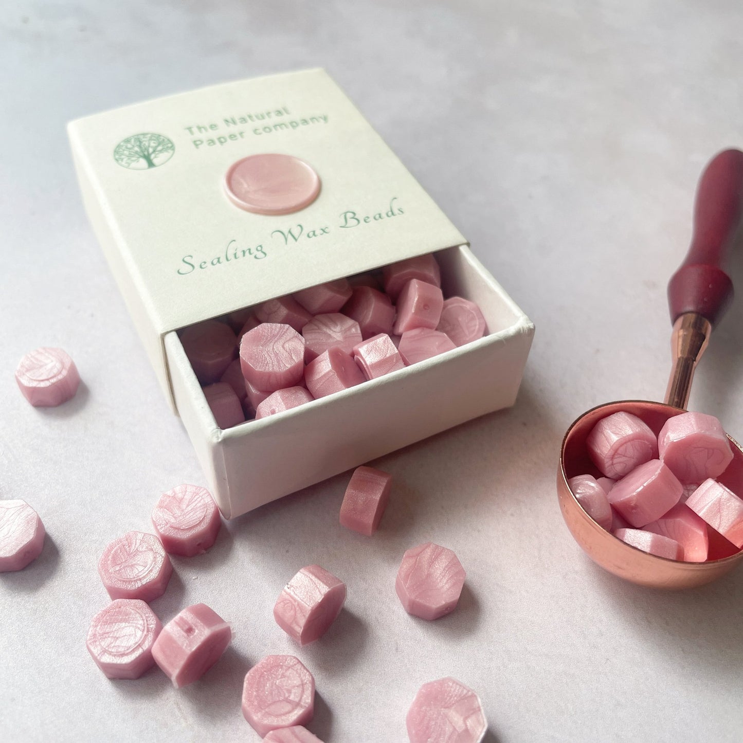 Sealing wax beads in pink.  Small box of wax seal beads.  Eco friendly sealing wax without paraffin, plastic free and biodegradable.  The Natural paper Company