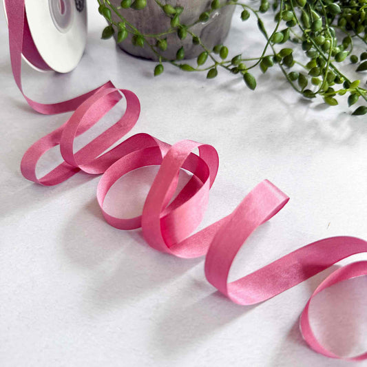 narrow silk ribbon in raspberry pink colour