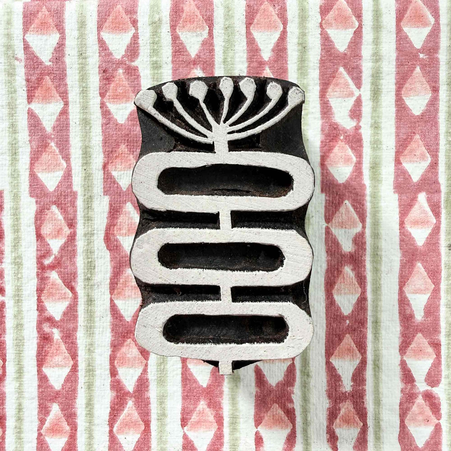 Hand-carved Stem Indian wood block stamp — botanical seed head and linked shapes resting on block printed fabric, graceful motif ready for printing, traditional hardwood printing block from India