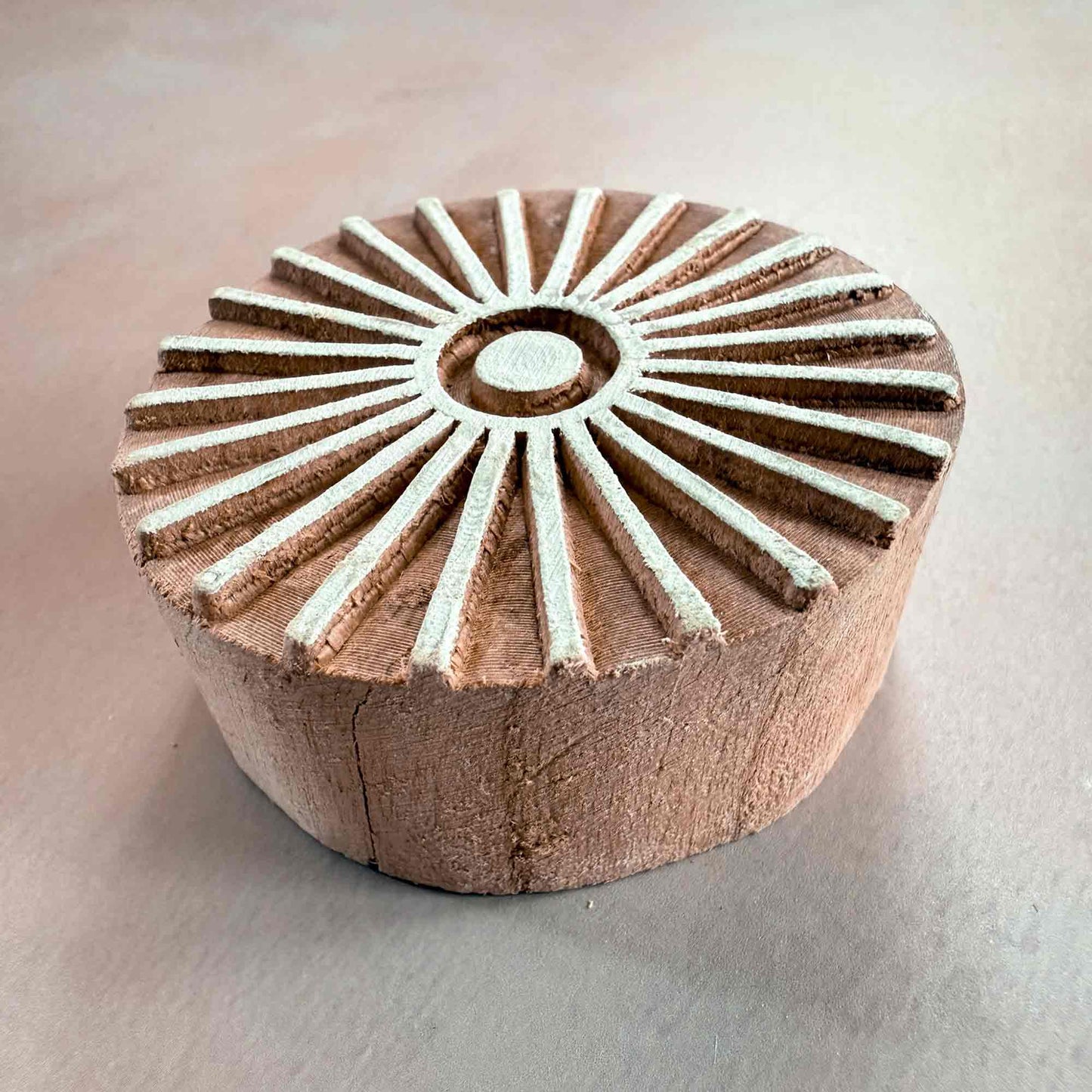 Hand made stamp for wood block stamping.  Contemporary sunburst pattern wooden stamp
