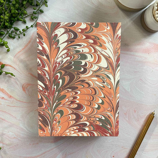 Hand Made Marbled Notebook with Hard Cover and Gift Bag.  A5 hardback notebook in reds and coral