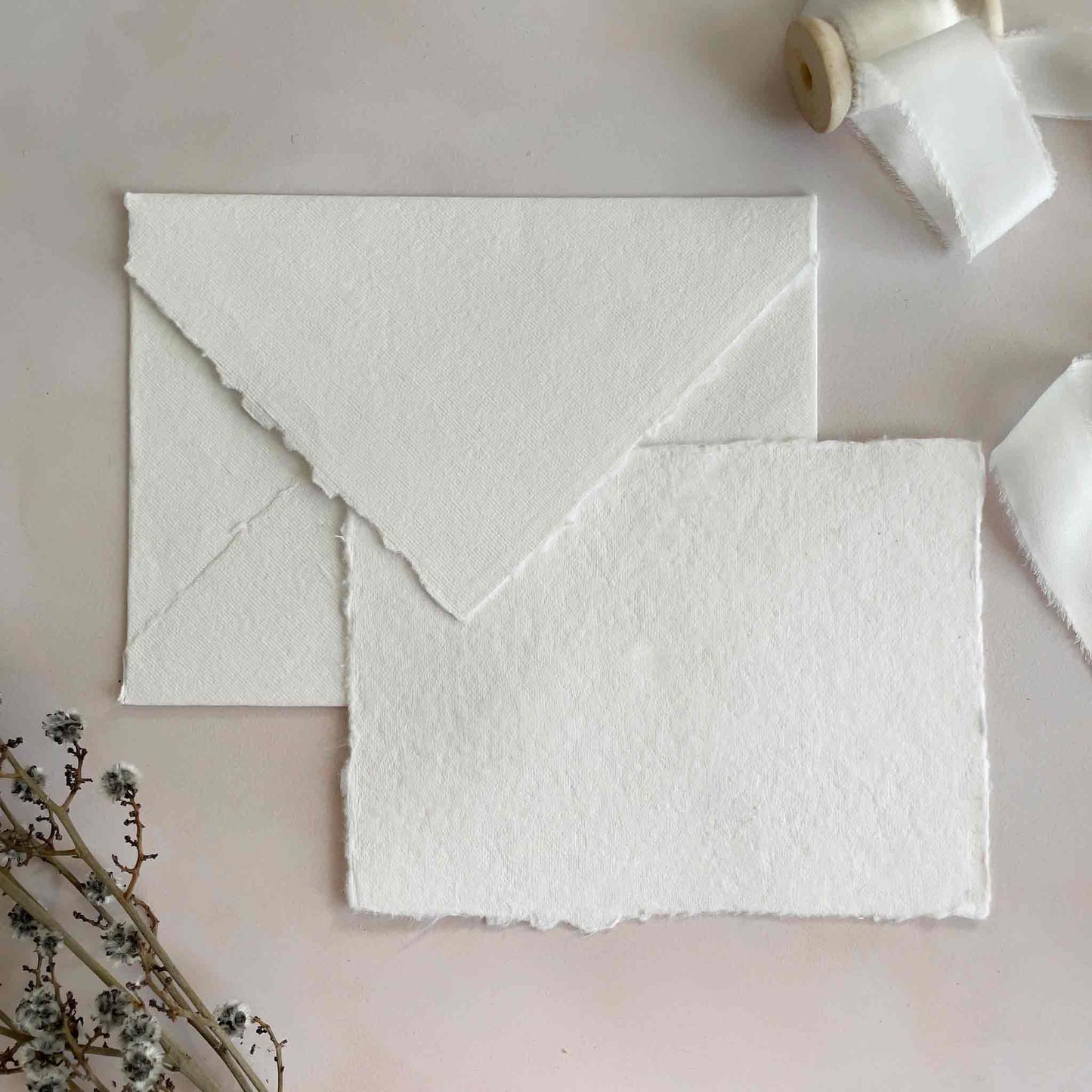 Handmade Paper envelope and card set in white.  Made from recycled cotton rag fibres.  By The Natural Paper Company