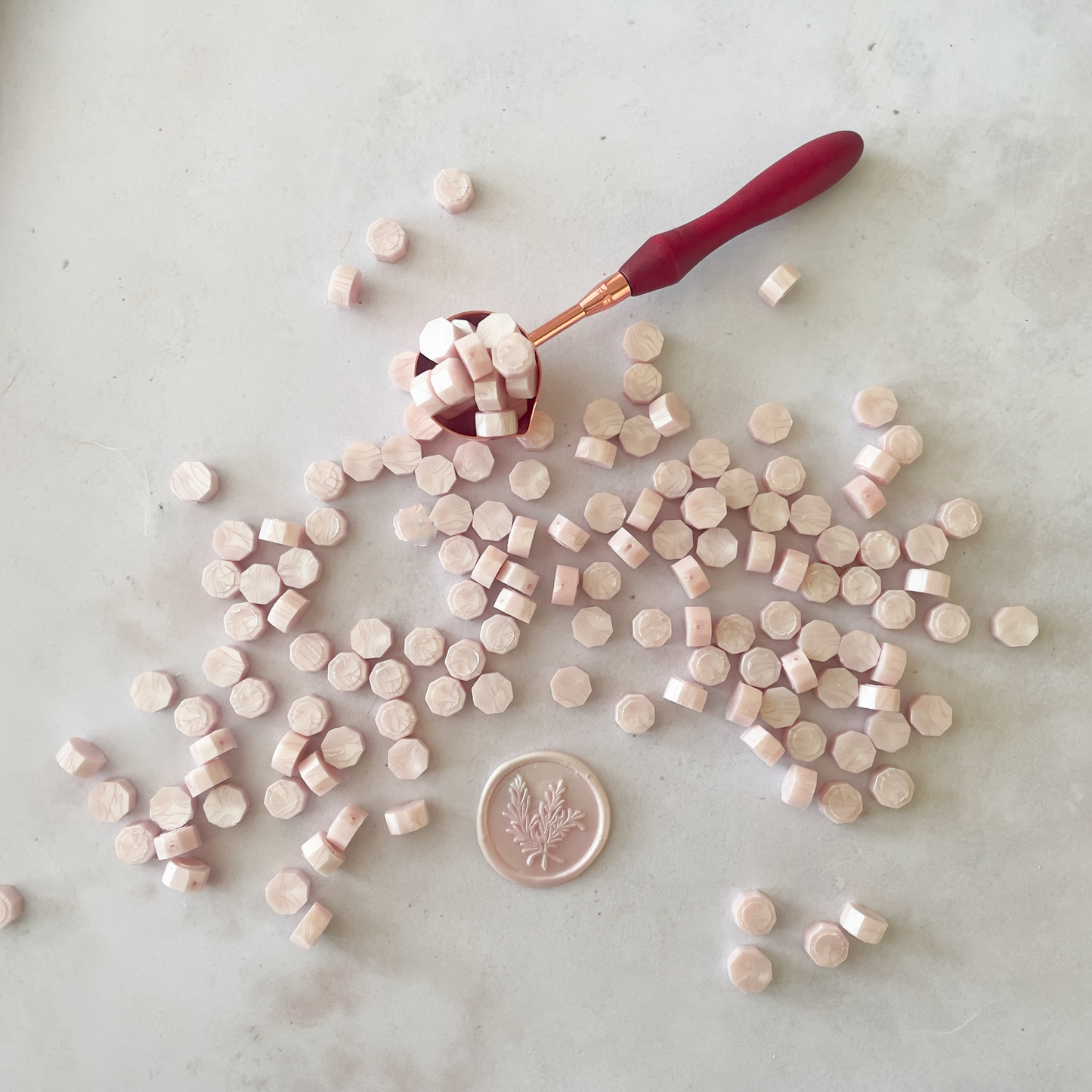 blush pink sealing wax beads.  Small wax beads for making wax stamps and seals.  Plastic free wax beads to use with a melting spoon