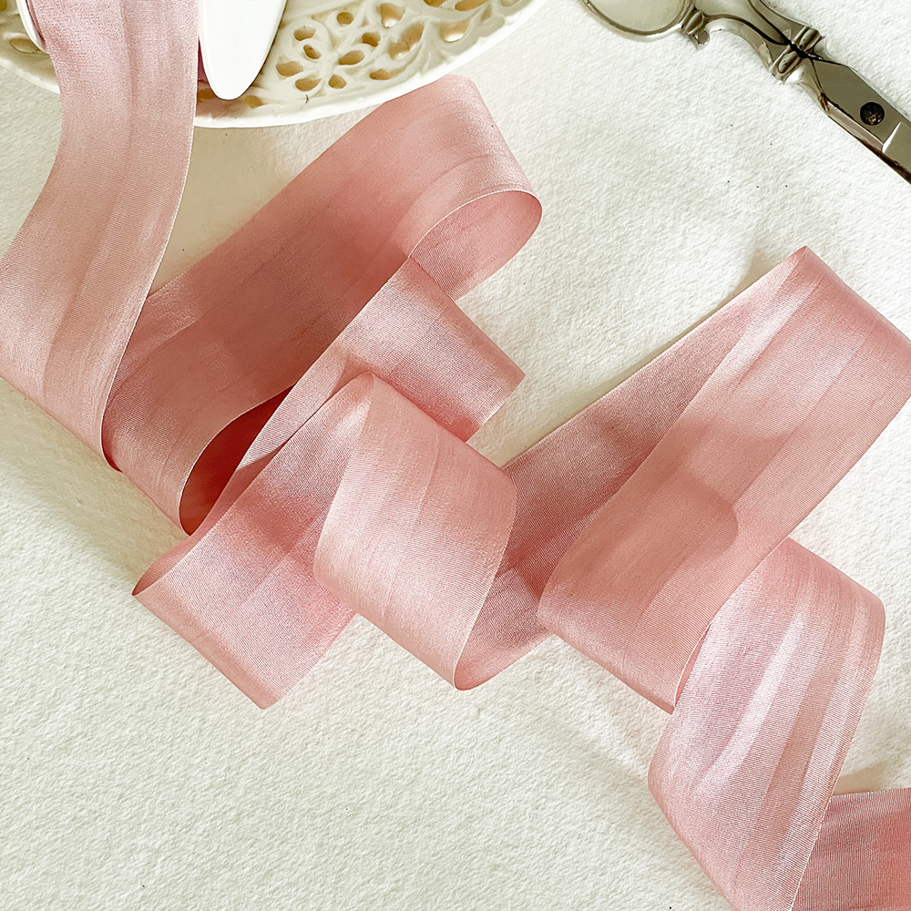  HUIHUANG Silk Ribbon 3 inch Blush Pink Crinkle Silk