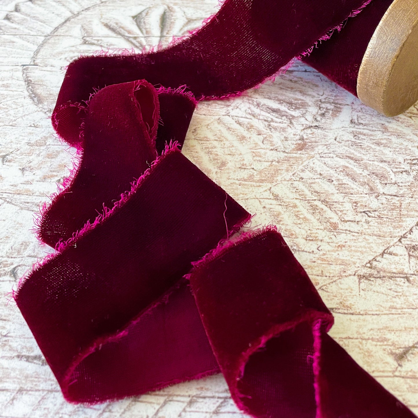 silk velvet ribbon in burgundy.  Luxury fine velvet ribbon made from silk.
