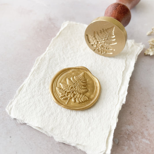 traditional brass wax seal with wooden handle.  wax seal with fern leaf.  Traditional wax seal supplies