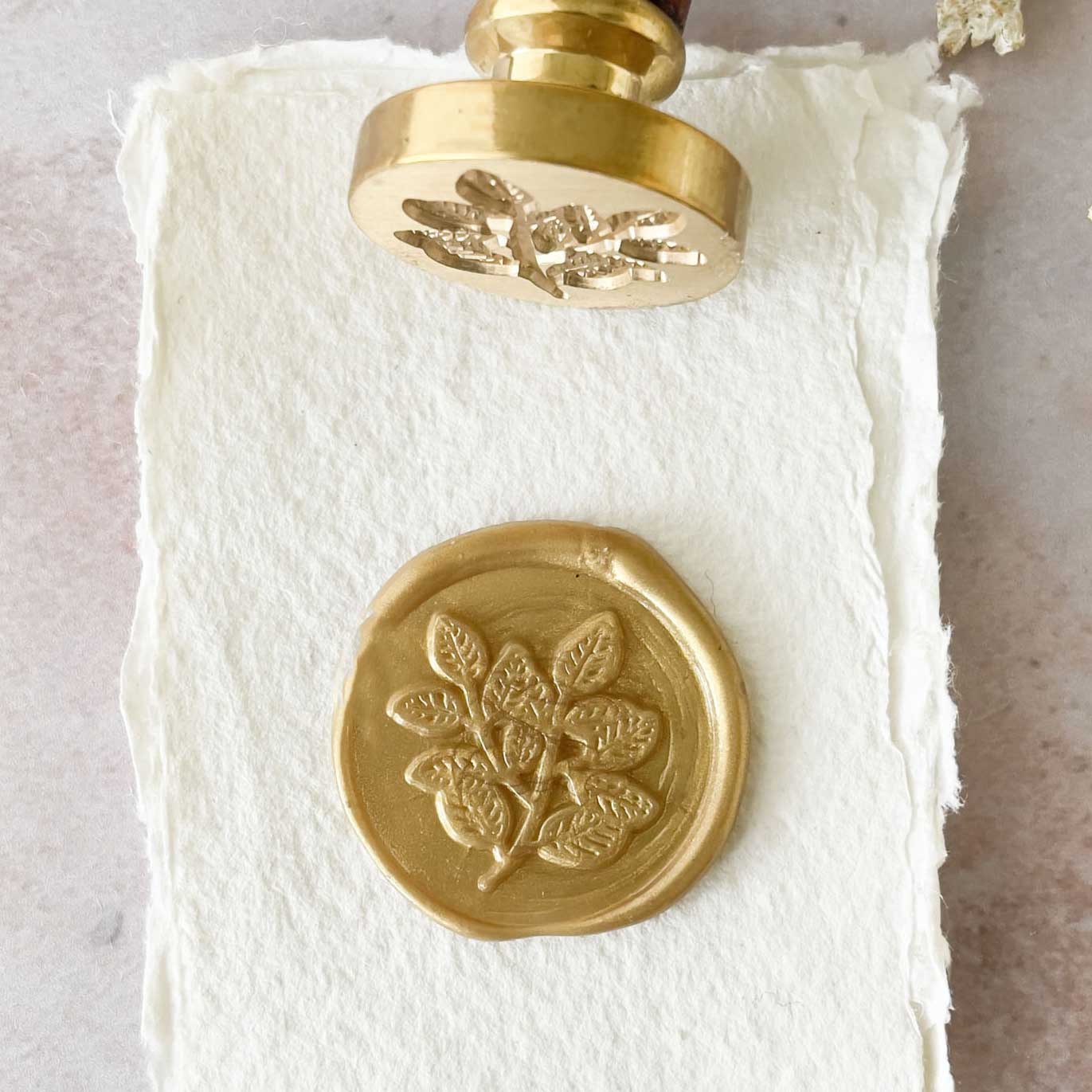 Flora Wax Stamp with a leaf pattern.  Natural botanical print wax seals to decorate wedding invitations, envelopes, gift packaging and stationery.  By The Natural Paper Company