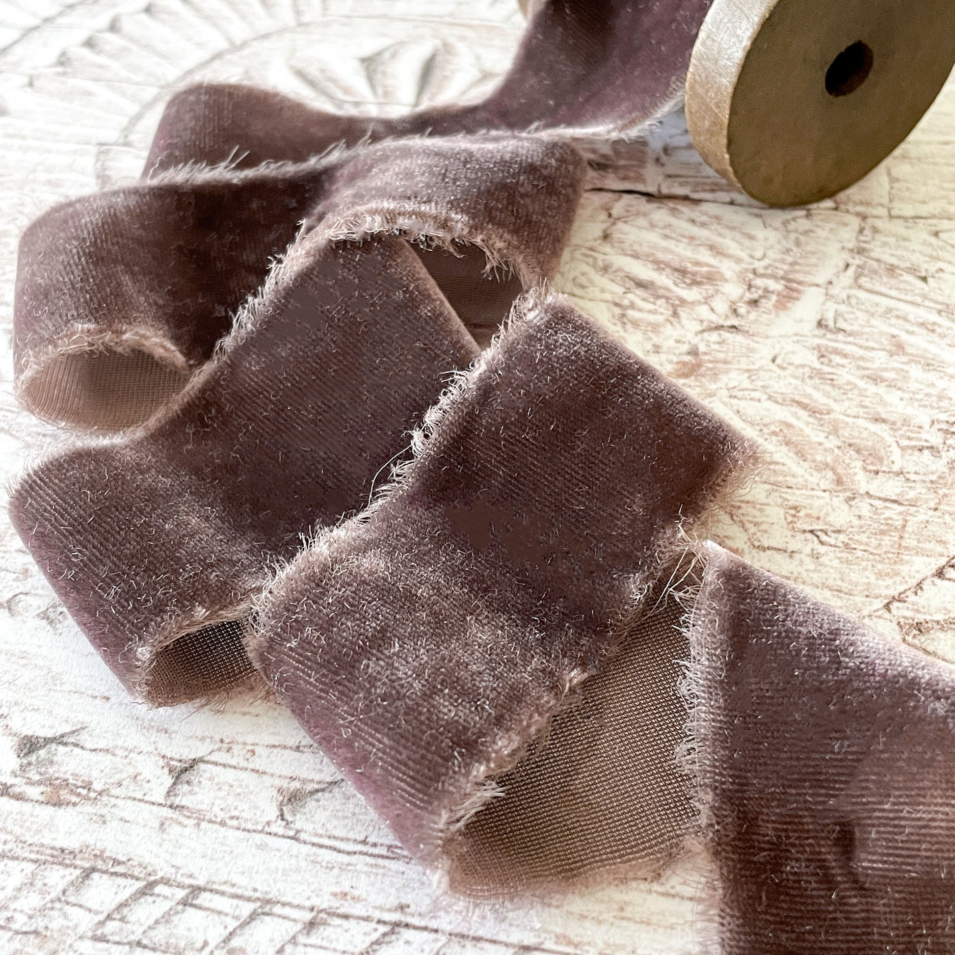 luxury silk velvet ribbon in mink colour.  Pinky brown fine velvet ribbon