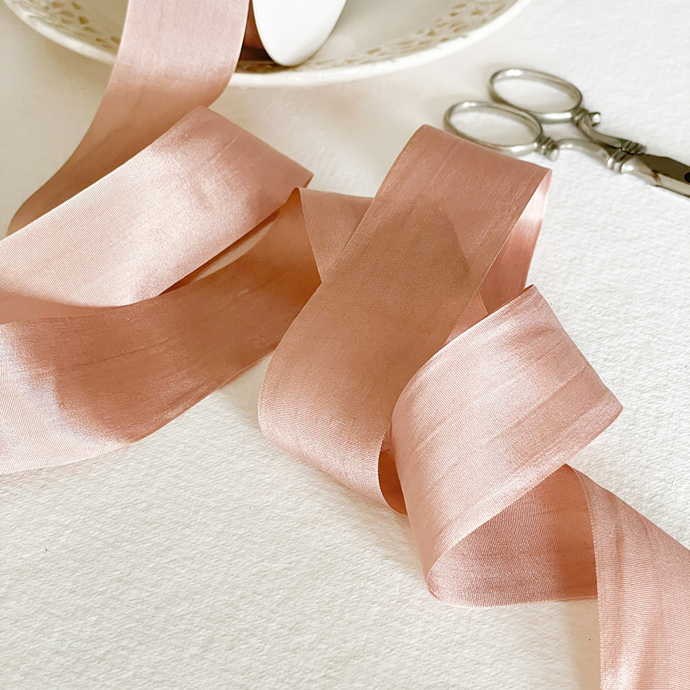 Silk closed edge ribbon on nude blush colour.  Fine silk ribbon for crafts.  Sold by the meter.  By The Natural Paper Company