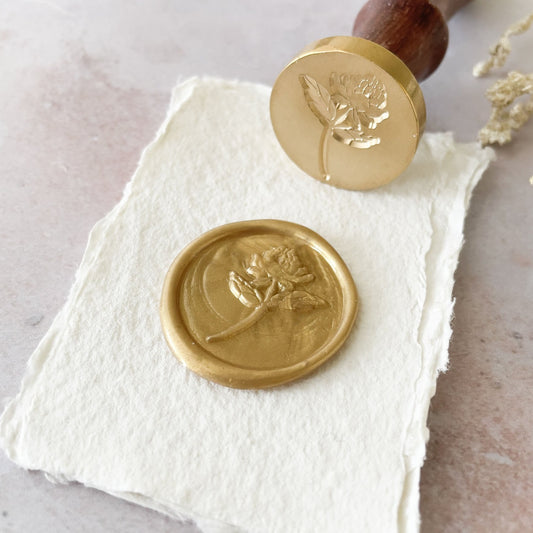 wax seal with peony flower.  Peony design wax stamp with wooden handle.  Traditional wax seal supplies