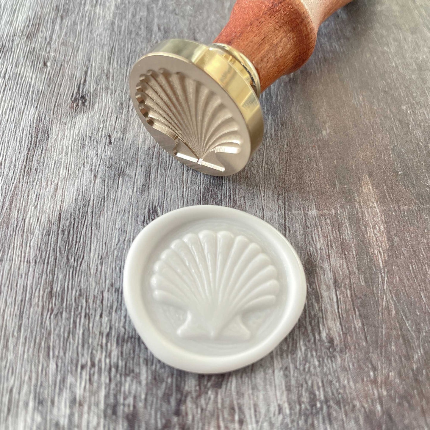 Seashell design wax seal made with white wax.  Wax seal stamp By The Natural Paper Company