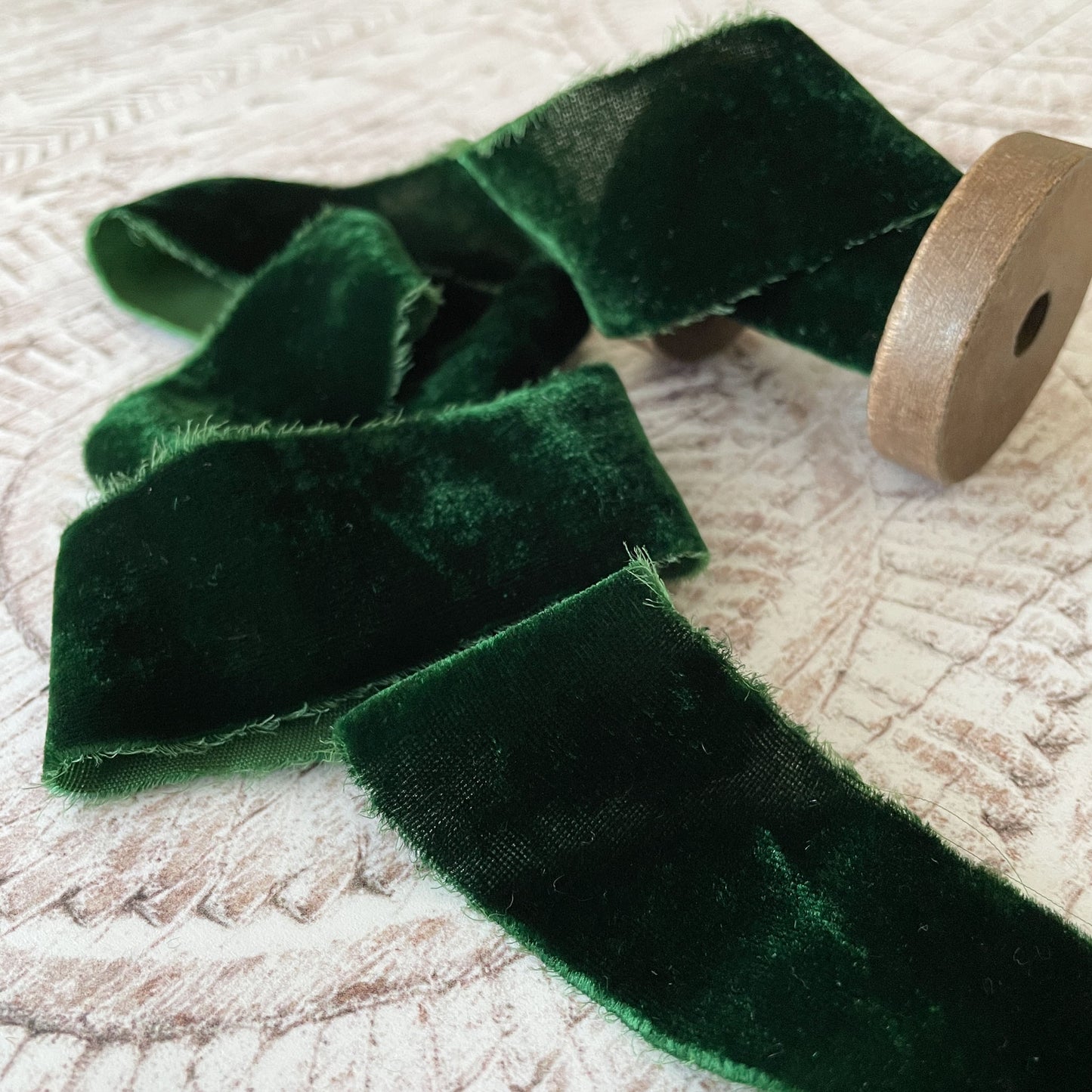 dark green silk velvet ribbon.  Luxury fine velvet ribbon in dark green.  Velvet ribbon with raw edge