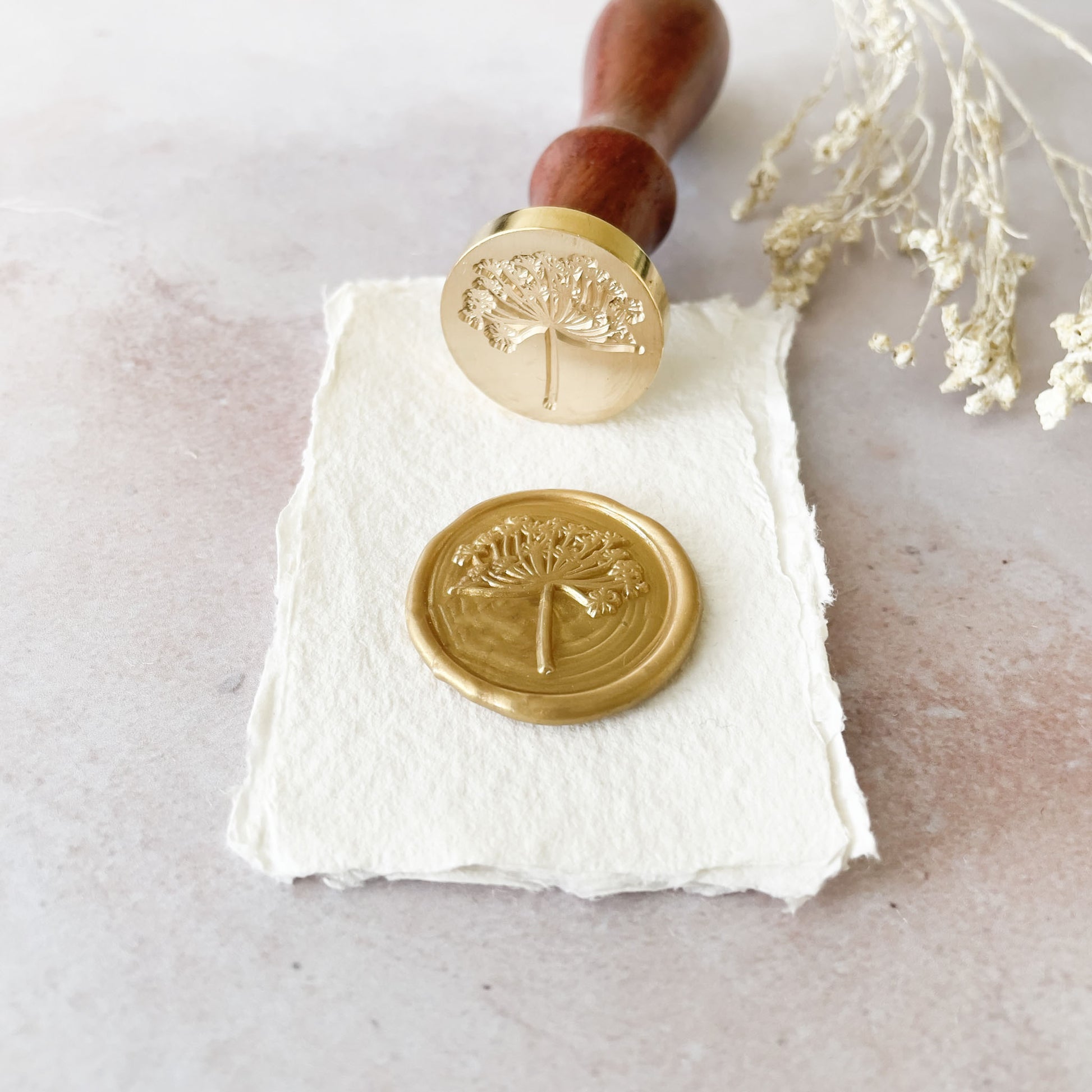 Wild fennel stamp to make wax seals.  Brass stamp with a cow parsley design.    Perfect to make botanical wax seals for stationery.   By The Natural Paper Company